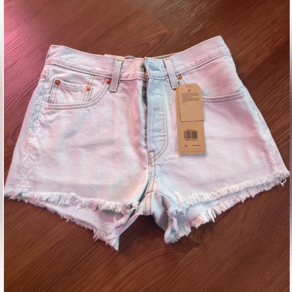 Levi's Light Wash Embroidered Frayed Jean Shorts